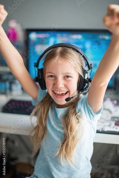 Obraz Joyful young girl wearing gaming headset celebrating victory in video game with enthusiastic expression in brightly lit room with computer setup