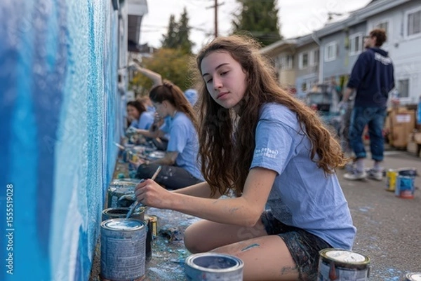 Obraz Community Volunteers Painting a Mural on Urban Street for Local City Beautification Project