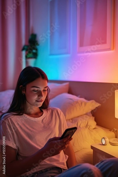 Obraz Cozy Evening Indoors: Young Woman Using Smartphone with Ambient LED Lighting in Decorative Bedroom