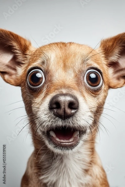 Obraz Close-up Portrait of an Adorable Small Dog with Big Eyes and Surprised Expression on a Gray Background