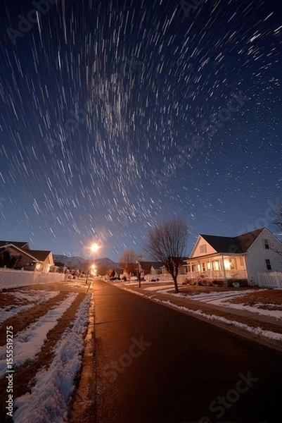 Obraz Captivating Night Sky Star Trails over Suburban Winter Neighborhood with Dynamic Celestial Motion