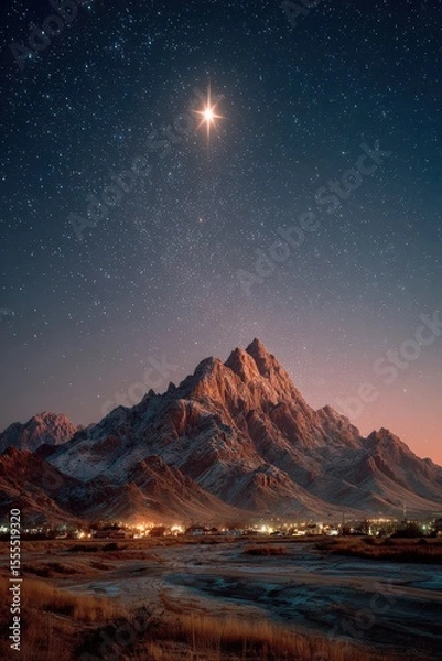 Obraz Starlit Mountain Landscape with Glowing Night Sky and Majestic Peaks Illuminated by a Bright Star Under a Starry Night in Serenity and Tranquility