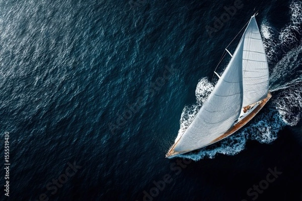 Obraz Aerial View of Sailing Yacht on Deep Blue Ocean Waters with White Sails and Waves Capturing Adventure and Freedom in the Open Sea