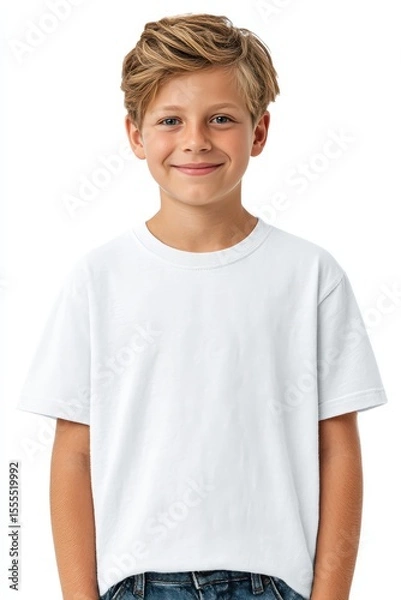 Obraz Adorable Smiling Young Boy in White T-shirt on White Background Posing Cheerfully for Studio Portraits and Lifestyle Stock Photography