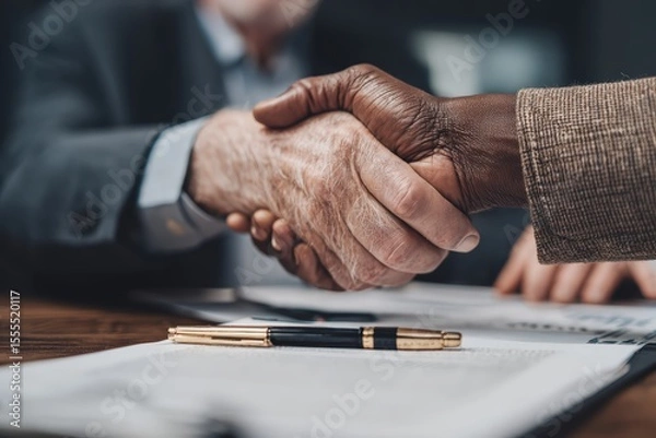 Obraz Professional Business Agreement: Close-Up of Diverse Business People Shaking Hands Over a Signed Contract for Successful Partnership