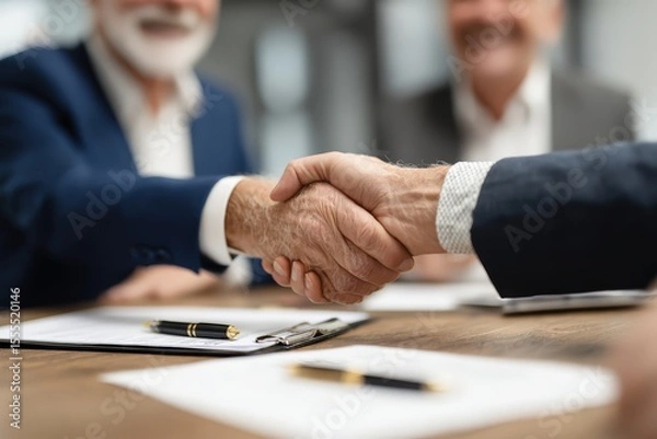Obraz Business Professionals Handshake at Meeting Table Symbolizing Successful Partnership and Trustworthy Collaboration in Corporate Environment