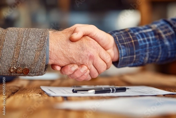 Obraz Professional Handshake Between Business Partners Finalizing a Successful Agreement or Contract in a Rustic Office Setting