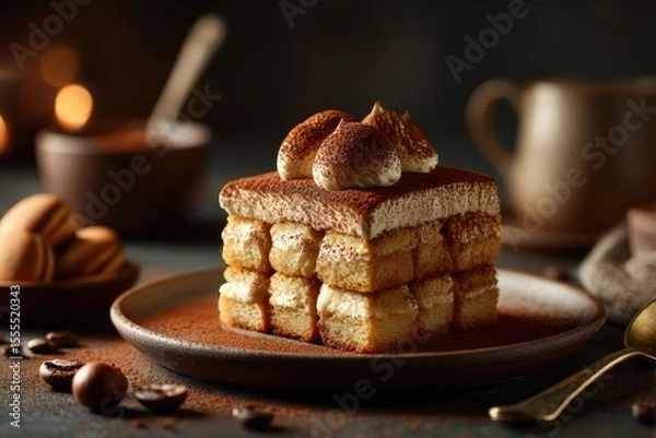 Obraz Exquisite Tiramisu Dessert on Rustic Plate with Cocoa and Coffee Beans in Cozy Cafe Setting