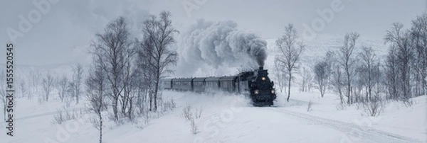 Obraz Vintage Steam Train Journeying Through Snow-Covered Landscape with Bare Trees in Winter Wonderland Setting