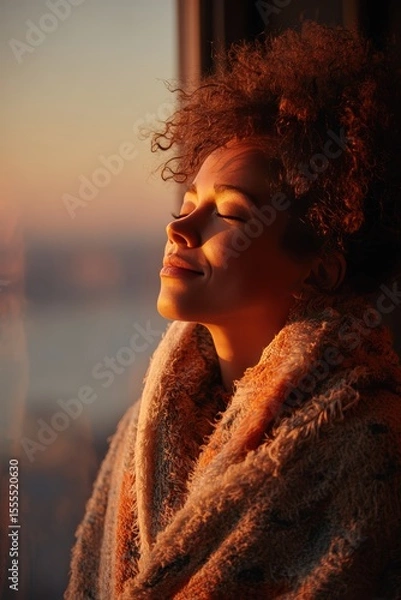 Obraz Serene Portrait of Content Woman Enjoying Tranquil Sunset Light by Window in Cozy Knit Blanket, Embracing Peaceful Solitude and Warmth of Golden Hour Indoors for Mindful Relaxation