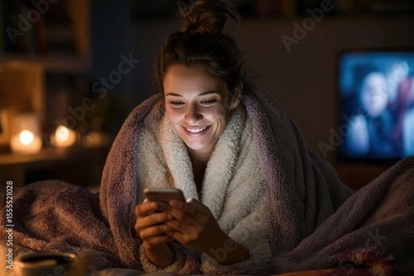 Obraz Cozy Winter Evening: Woman Relaxing on Bed with Smartphone, Wrapped in Warm Blankets and Glowing Candlelight Ambiance