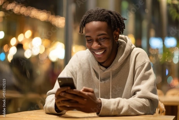 Obraz Smiling young man enjoying a moment while using his smartphone in a cozy cafe with warm bokeh lights in the background