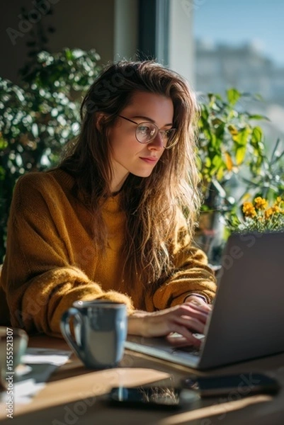 Obraz Young Woman in Cozy Sweater Working on Laptop with Sunlight Streaming Through Window in Urban Home Office Setting