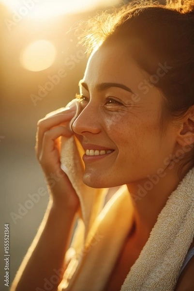 Obraz Radiant Woman Enjoying Sunset with Warm Towel, Capturing the Essence of Relaxation and Natural Beauty