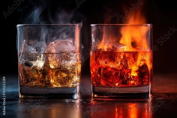 Fototapeta Two glasses of whiskey on the rocks one emitting smoke the other appearing to be on fire