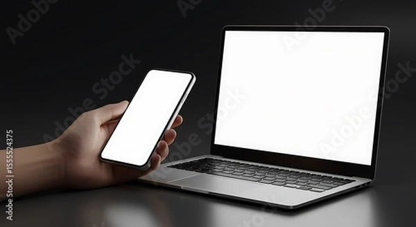 Fototapeta Close-up hand holding a smartphone with white screen is blank  and laptop with white screen. It can use for Mockup.