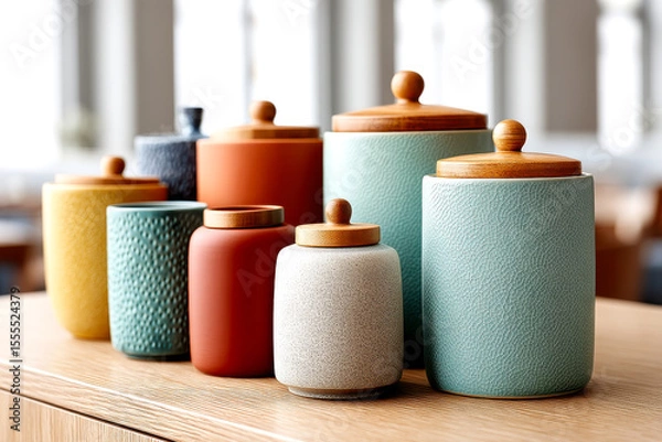 Obraz A collection of colorful ceramic storage jars with wooden lids arranged on a wooden surface in a bright, softly lit room.