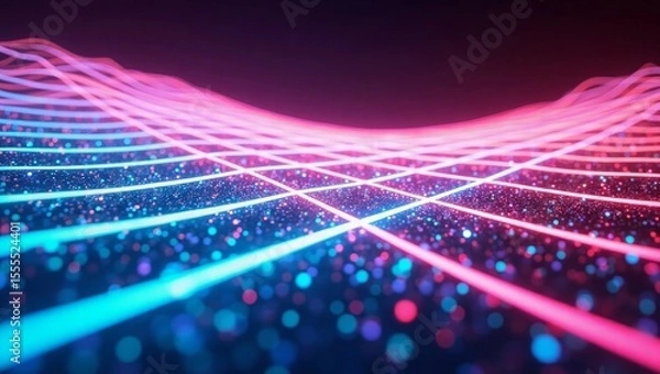 Fototapeta Pink and Blue Neon Grid Lines over Sparkling Particles