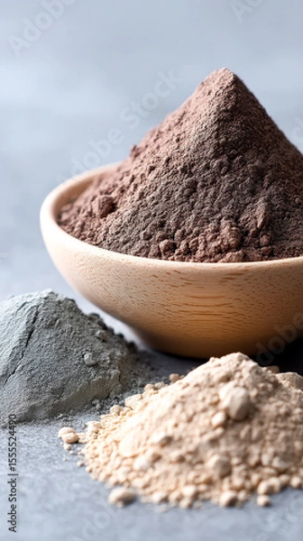 Obraz Three distinct piles of powdered clay in gray, beige, and brown shades displayed on a textured surface, with the brown powder in a wooden bowl.