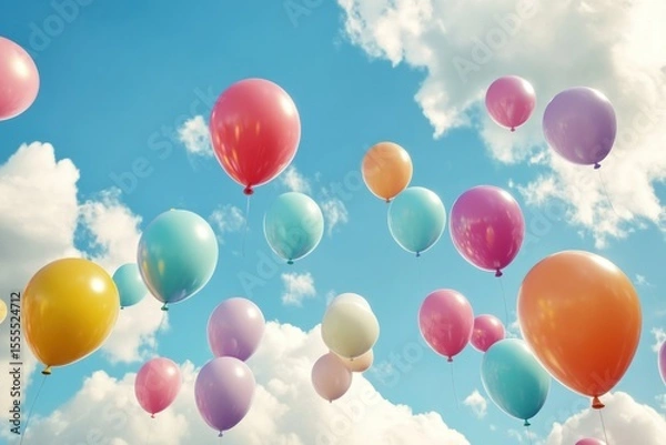 Fototapeta 3D render of colorful balloons floating gently in the sky, soft clouds background