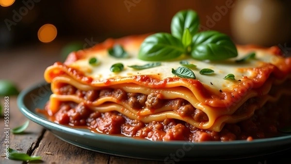 Fototapeta A luscious layered lasagna, bathed in warm light, presents an enticing view of rustic indulgence.