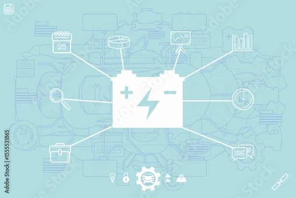 Fototapeta White battery icon is being shown on teal flat design infographic with data icons, gear outlines