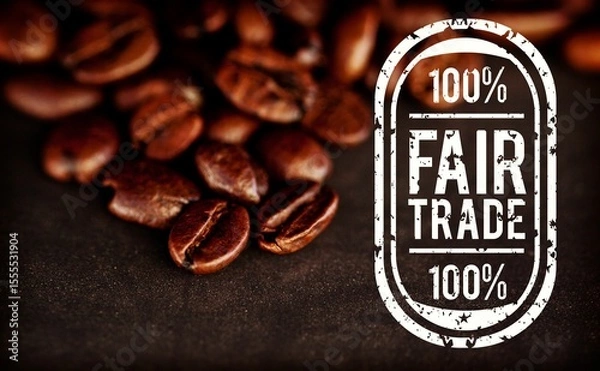 Fototapeta Roasted coffee beans piling on dark brown surface in 3D render, highlighting 100% fair-trade stamp