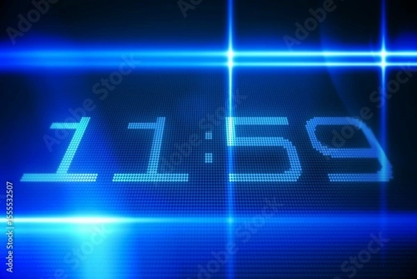 Obraz flat vector glowing blue LED grid displaying 11:59 with crossing light streaks creating lens flares