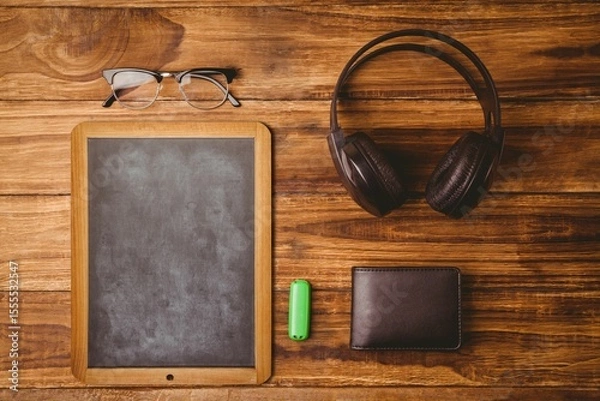 Obraz Small chalkboard is sitting on wood desk in flat design, showing glasses, headphones, wallet, USB