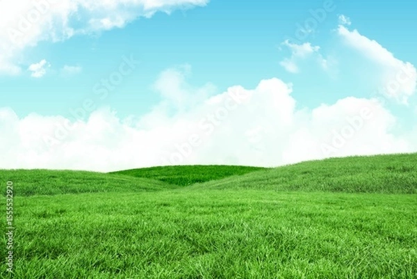 Fototapeta Flat vector art is showing rolling green hills and fluffy clouds under sunny sky, copy space