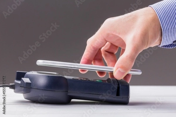 Obraz Man using smartphone to express pay