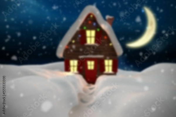 Fototapeta Flat design wooden cabin is glowing under snowfall, with snowy roof, colored lights, crescent moon