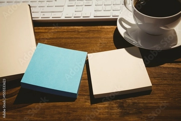 Obraz Keyboard and coffee cup on table with book