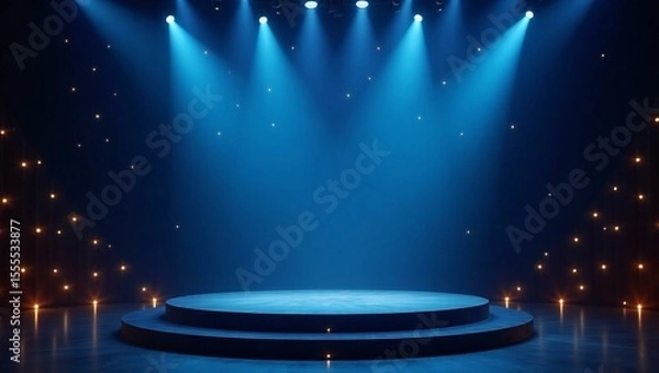 Fototapeta Blue stage with spotlights and ambient lighting