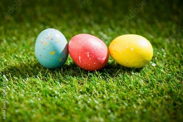 Fototapeta Colorful Easter eggs on grass in garden