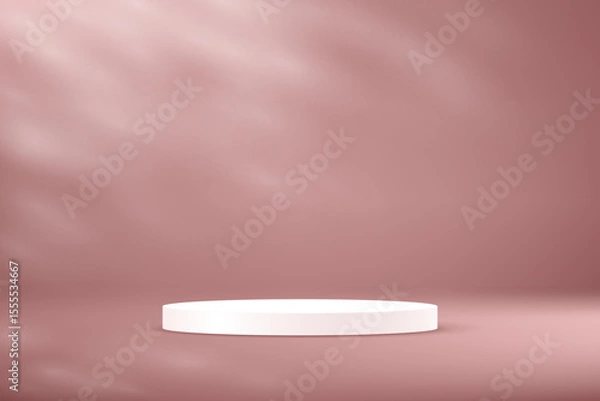 Fototapeta Empty pink studio room with shadow leaves with white podium background Space for selling products on the website. Vector illustration.