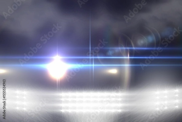 Fototapeta Bright stadium floodlights are shining lens flare beams over misty grass field in flat design