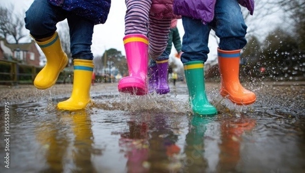 Fototapeta Children splashing in puddles in colorful rain boots