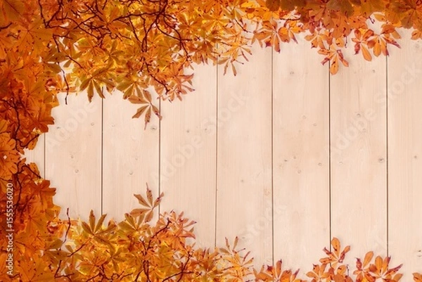 Fototapeta Flat design is showing light wooden plank surface with orange autumn leaves and thin branches
