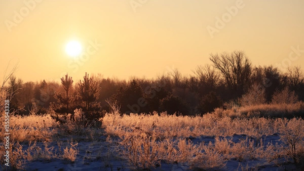 Obraz Frosty winter sunny morning with dry grass in hoarfrost.