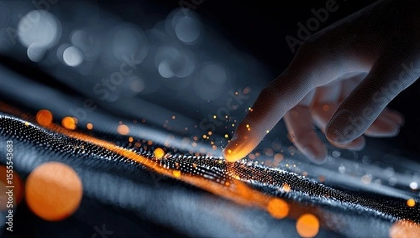 Fototapeta A hand interacts with a shimmering, digital surface