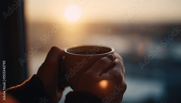 Fototapeta Warm hands hold a mug at sunset