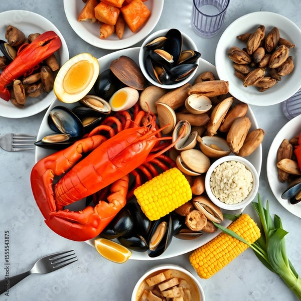 Fototapeta Seafood Extravaganza: An overhead shot of a delightful seafood platter, overflowing with succulent lobster, mussels, clams, corn on the cob, and more, a feast for the eyes and the palate.