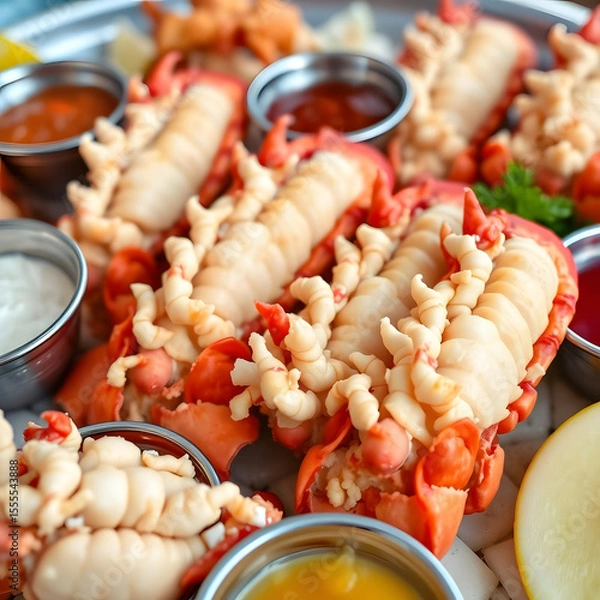 Fototapeta Delectable Lobster Feast: A culinary composition showcasing succulent, cooked lobster tails artfully arranged with an array of vibrant dipping sauces.