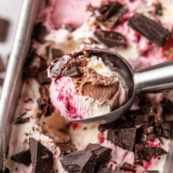 Fototapeta Scooped ice cream with chocolate chunks