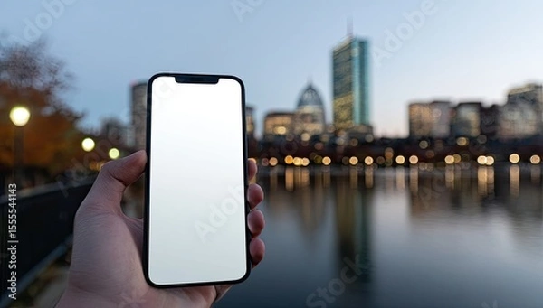 Fototapeta A hand holds a smartphone with a blank screen, outdoors in front of a city skyline at twilight