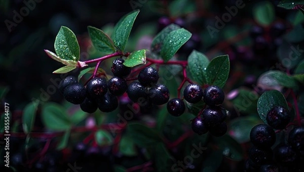 Fototapeta Dark berries and leaves, close-up