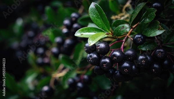 Fototapeta Close-up of dark berries on a leafy branch