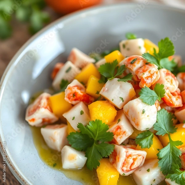 Fototapeta Mango Ceviche: A vibrant bowl of fresh seafood ceviche, featuring succulent shrimp and tender fish, mingled with juicy mango chunks and fragrant herbs, promising a taste of the tropics.