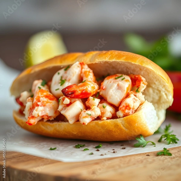 Fototapeta Lobster Roll Delight: A mouthwatering lobster roll sits elegantly, its golden bun embracing succulent lobster meat, garnished with fresh herbs, ready to indulge the senses.